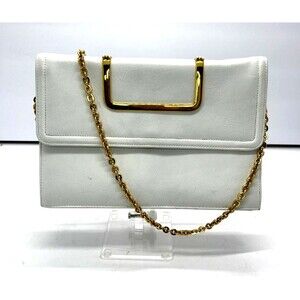 Vintage White Block brand Clutch Handbag Gold Handles flip up W Detachable Chain